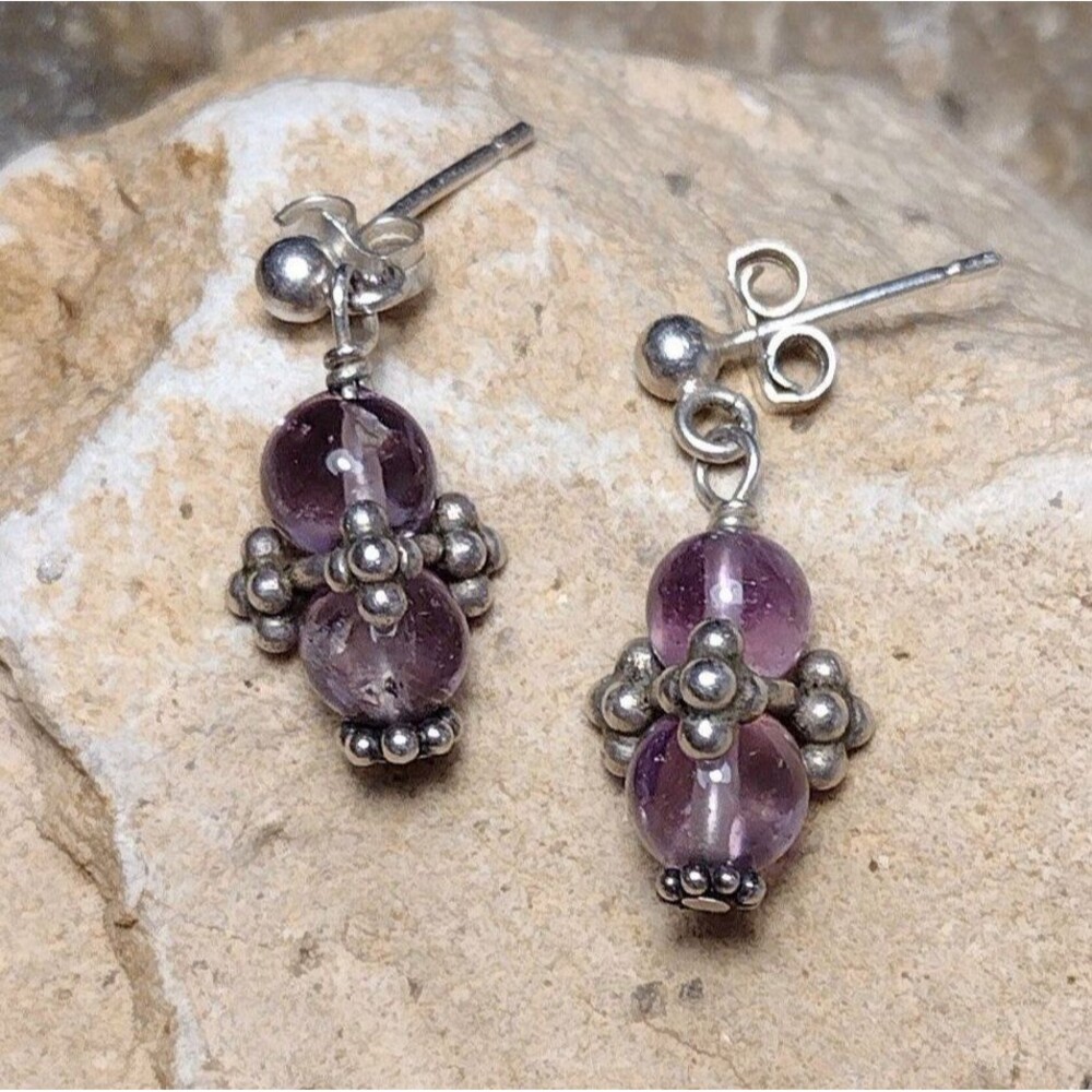 Vintage Sterling Silver Bali Beaded Amethyst Crystal Petite Earrings